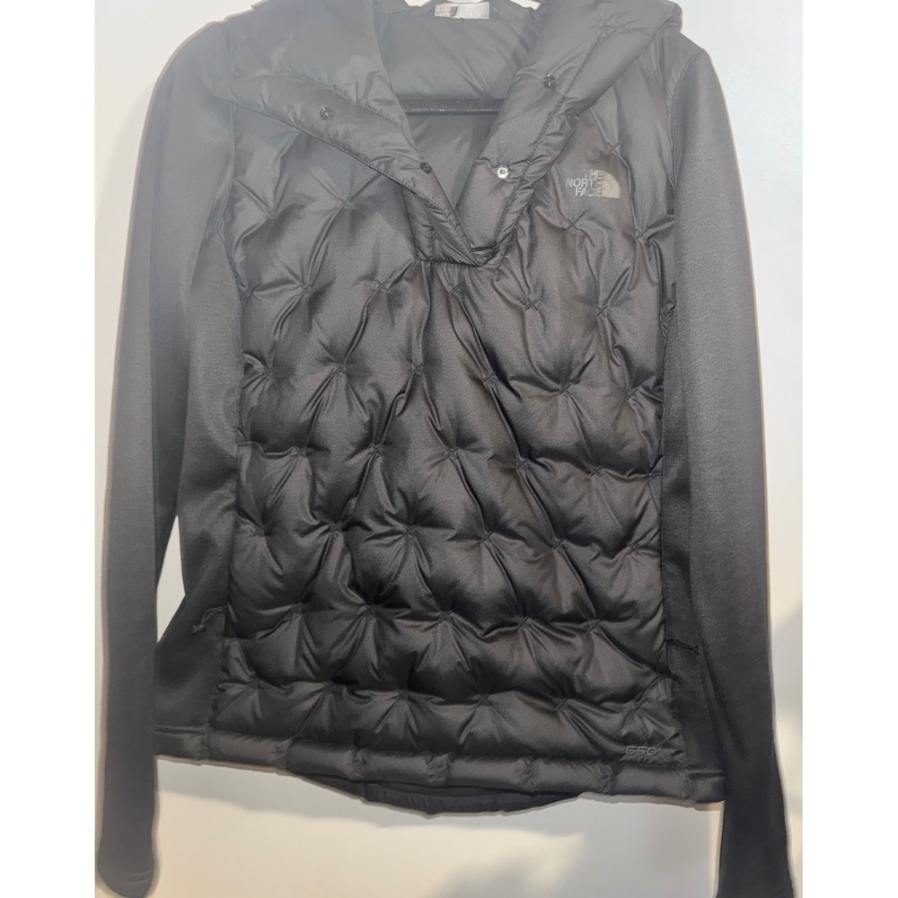 The North Face Womens 550 Down Hybrid Quilted Hooded Pullover Jacket Black M